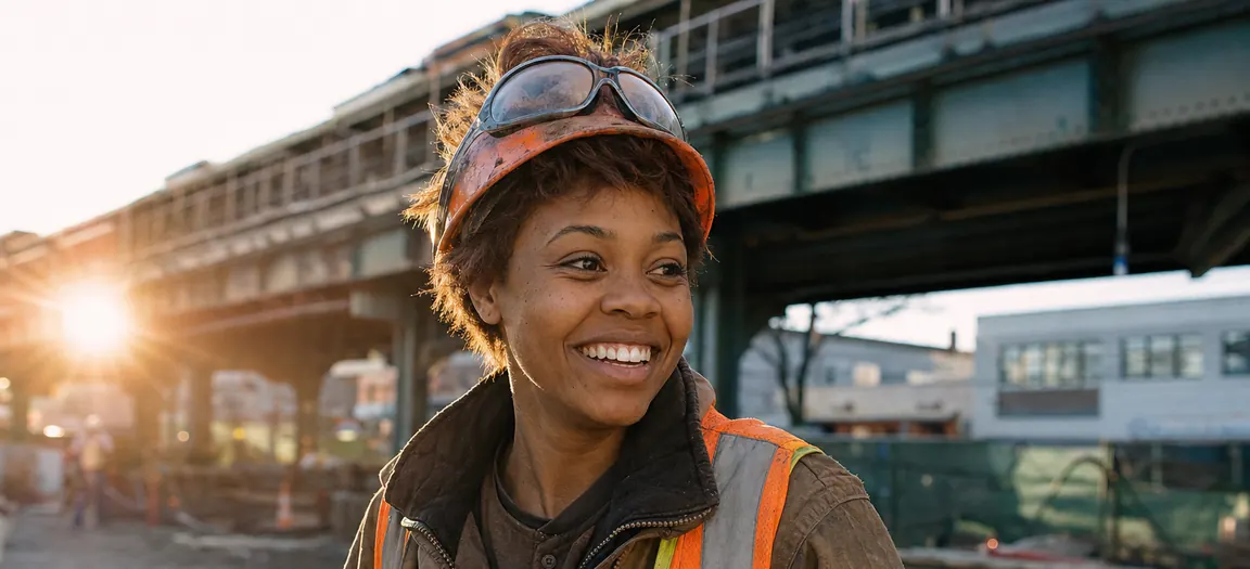 Smiling worker in an orange hard hat and hi-vis vest on a job site under the elevated tracks in New York