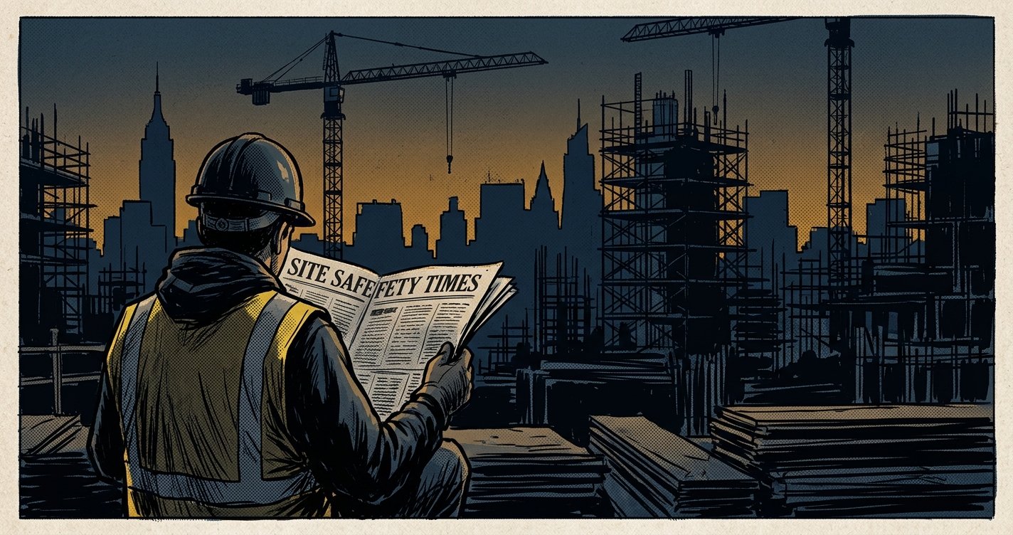 Editorial illustration of a NYC construction worker reading the Site Safety Times broadsheet at a city site at twilight, cranes and scaffolded buildings in the background.