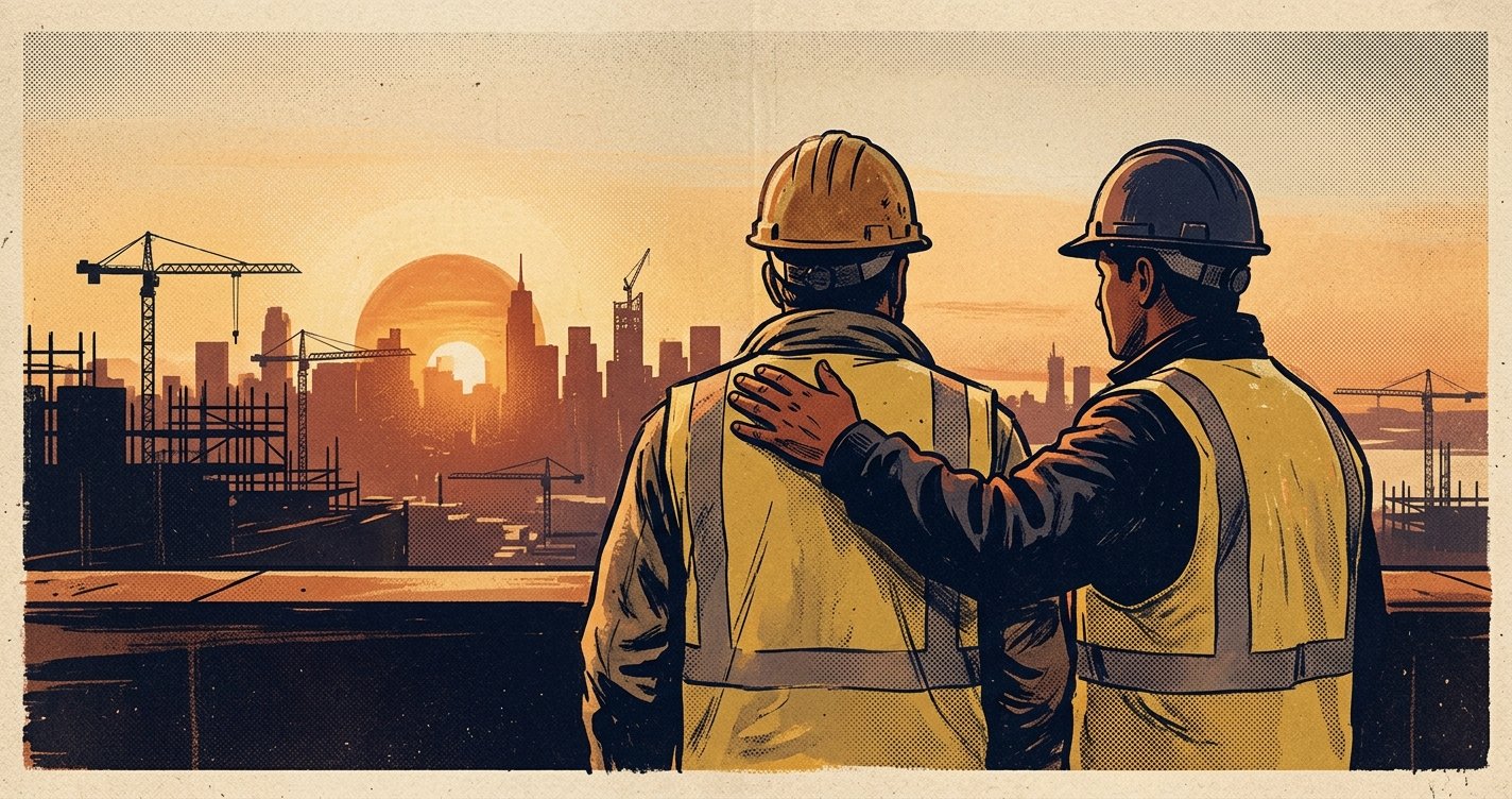 Two NYC construction workers standing together on a rooftop at dawn, one with a hand on the others shoulder. NYC skyline silhouette with cranes in the background. Editorial illustration.