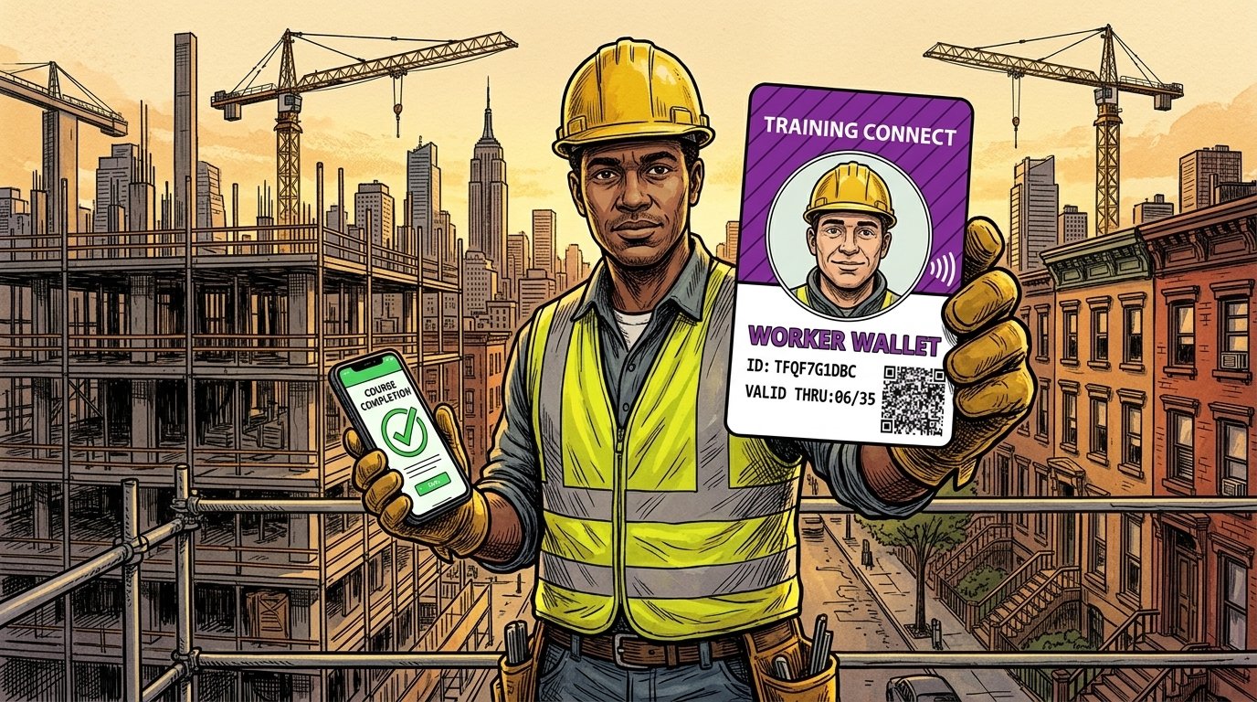 Editorial illustration of a NYC construction worker on a scaffolded site at golden hour holding up a purple NYC DOB Training Connect SST Worker Wallet card (with illustrated portrait) in one hand and a phone showing course completion in the other. NYC skyline with cranes and brownstones in background.
