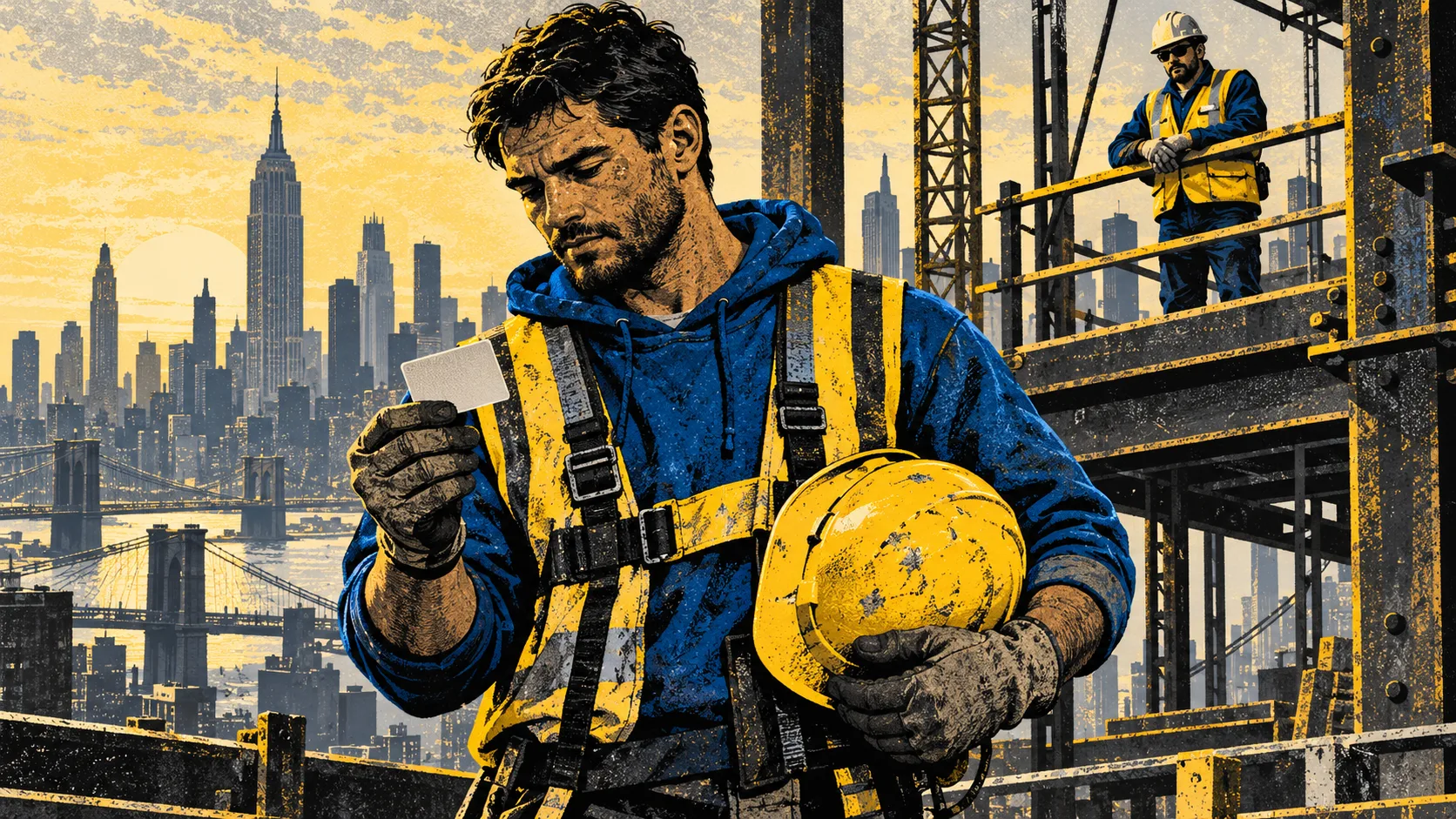 A construction worker on a New York City building site holds a hard hat in one hand and a small training card in the other while a supervisor looks on from a scaffold.