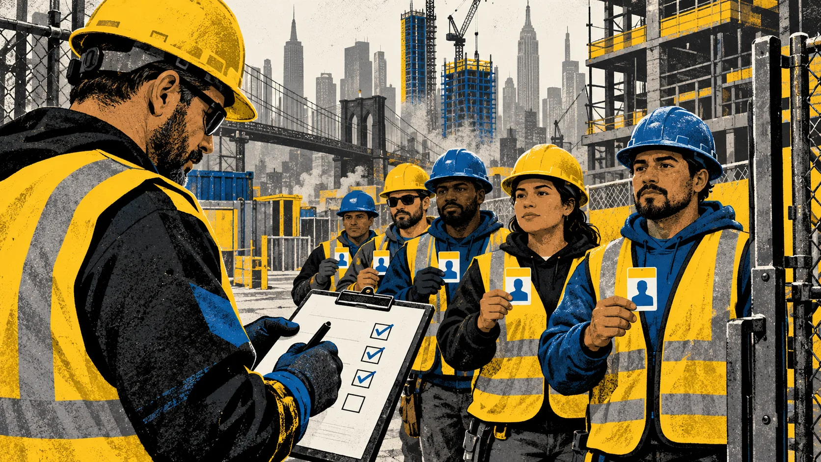 A construction site foreman reviewing a clipboard checklist beside a row of workers holding safety cards at a New York City job site gate.