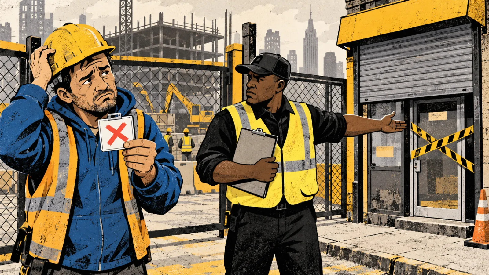 Illustration: a worker holds a crossed-out card while a site guard turns him away; a closed training office behind them.