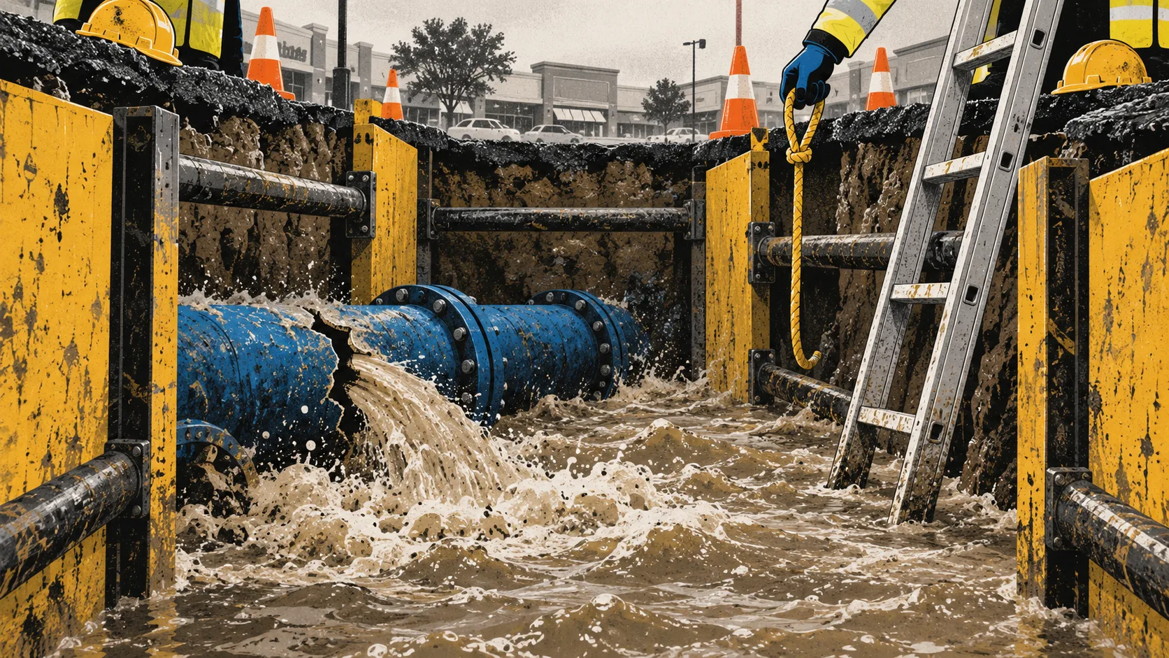 Illustration: a broken water main floods a shored trench while a ladder and a rope wait at the edge